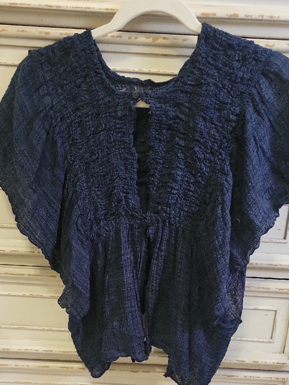 Free People Navy Smocked Peasant Top - Picture 2 of 3